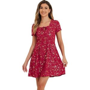 imageAllegra K Womens Printed Dress Summer 2025 Casual Square Neck Short Sleeve Fit and Flare DressesRedfloral