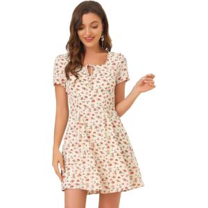 imageAllegra K Womens Printed Dress Summer 2025 Casual Square Neck Short Sleeve Fit and Flare DressesWhitefloral