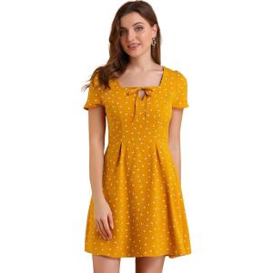imageAllegra K Womens Printed Dress Summer 2025 Casual Square Neck Short Sleeve Fit and Flare DressesYellowheart