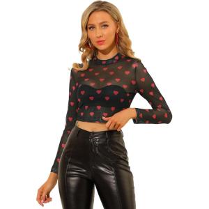 imageAllegra K Womens SemiSheer Sexy Blouse Heart Print Crop Tops Cocktail Party Mesh TopBlack