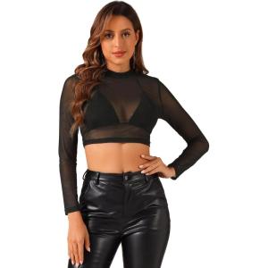 imageAllegra K Womens SemiSheer Sexy Blouse Heart Print Crop Tops Cocktail Party Mesh TopSolid Black