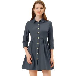 imageAllegra K Womens Shirt Dress Button Down 34 Sleeve School Work Mini Casual ShirtdressesDark Blue
