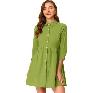 imageAllegra K Womens Shirt Dress Button Down 34 Sleeve School Work Mini Casual ShirtdressesGrass Green