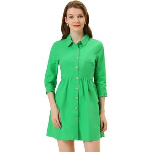 imageAllegra K Womens Shirt Dress Button Down 34 Sleeve School Work Mini Casual ShirtdressesGreen