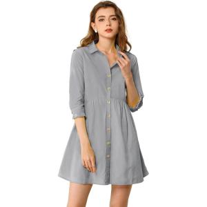 imageAllegra K Womens Shirt Dress Button Down 34 Sleeve School Work Mini Casual ShirtdressesGrey