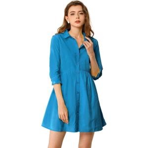 imageAllegra K Womens Shirt Dress Button Down 34 Sleeve School Work Mini Casual ShirtdressesLake Blue