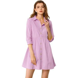 imageAllegra K Womens Shirt Dress Button Down 34 Sleeve School Work Mini Casual ShirtdressesPink Purple