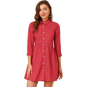 imageAllegra K Womens Shirt Dress Button Down 34 Sleeve School Work Mini Casual ShirtdressesRed