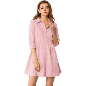 imageAllegra K Womens Shirt Dress Button Down 34 Sleeve School Work Mini Casual ShirtdressesRose Pink