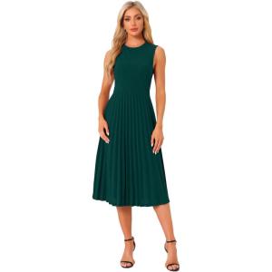 imageAllegra K Womens Sleeveless Pleated Dress Ruffle Hem Crew Neck Tank Knitted Elegant Midi DressesDark Green
