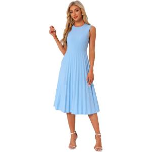 imageAllegra K Womens Sleeveless Pleated Dress Ruffle Hem Crew Neck Tank Knitted Elegant Midi DressesLight Blue