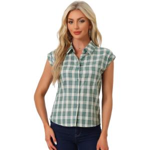 imageAllegra K Womens St Patricks Day Plaid Tops Casual Short Sleeves Western Button Down ShirtGreen White