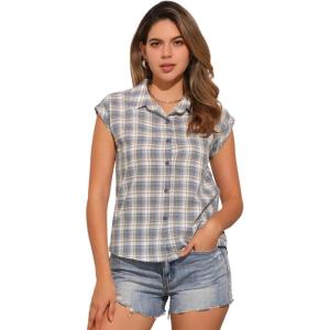imageAllegra K Womens St Patricks Day Plaid Tops Casual Short Sleeves Western Button Down ShirtGrey Blue
