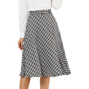 imageAllegra K Womens Tartan Plaid High Waist Belted Vintage ALine Midi SkirtBlack White