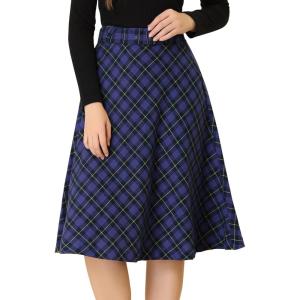 imageAllegra K Womens Tartan Plaid High Waist Belted Vintage ALine Midi SkirtBlue