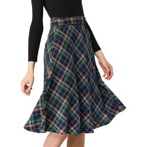 imageAllegra K Womens Tartan Plaid High Waist Belted Vintage ALine Midi SkirtBlue Green