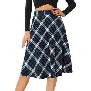 imageAllegra K Womens Tartan Plaid High Waist Belted Vintage ALine Midi SkirtBlue White