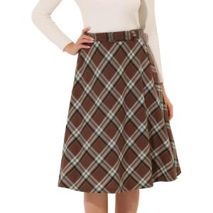 imageAllegra K Womens Tartan Plaid High Waist Belted Vintage ALine Midi SkirtBrown White