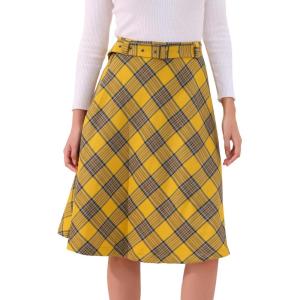 imageAllegra K Womens Tartan Plaid High Waist Belted Vintage ALine Midi SkirtDark Yellow
