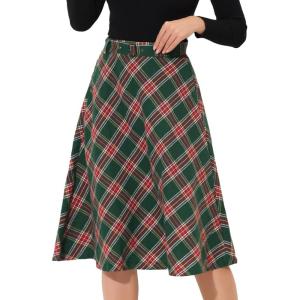 imageAllegra K Womens Tartan Plaid High Waist Belted Vintage ALine Midi SkirtGreen Red