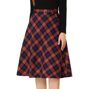 imageAllegra K Womens Tartan Plaid High Waist Belted Vintage ALine Midi SkirtRed Blue
