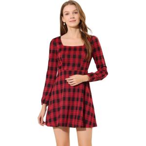 imageAllegra K Womens Vintage Plaid Dress Retro Square Neck Long Sleeve Office Work Christmas Mini DressesBlackred