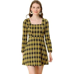 imageAllegra K Womens Vintage Plaid Dress Retro Square Neck Long Sleeve Office Work Christmas Mini DressesBlackyellow