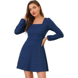 imageAllegra K Womens Vintage Plaid Dress Retro Square Neck Long Sleeve Office Work Christmas Mini DressesBlue
