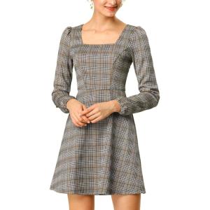 imageAllegra K Womens Vintage Plaid Dress Retro Square Neck Long Sleeve Office Work Christmas Mini DressesBrown