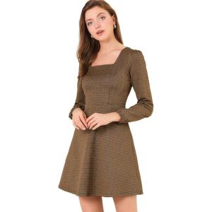 imageAllegra K Womens Vintage Plaid Dress Retro Square Neck Long Sleeve Office Work Christmas Mini DressesBrowngold