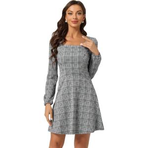 imageAllegra K Womens Vintage Plaid Dress Retro Square Neck Long Sleeve Office Work Christmas Mini DressesGreen