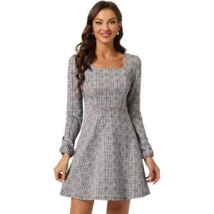 imageAllegra K Womens Vintage Plaid Dress Retro Square Neck Long Sleeve Office Work Christmas Mini DressesPinks