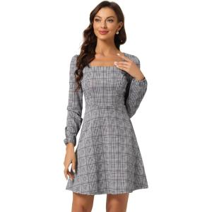 imageAllegra K Womens Vintage Plaid Dress Retro Square Neck Long Sleeve Office Work Christmas Mini DressesPurple