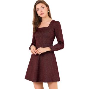imageAllegra K Womens Vintage Plaid Dress Retro Square Neck Long Sleeve Office Work Christmas Mini DressesRedgold
