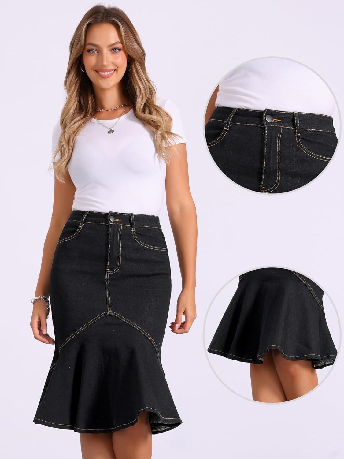 imageAllegra K Denim Jean Skirt for Womens High Waist Bodycon Ruffles Fishtail SkirtsBlack