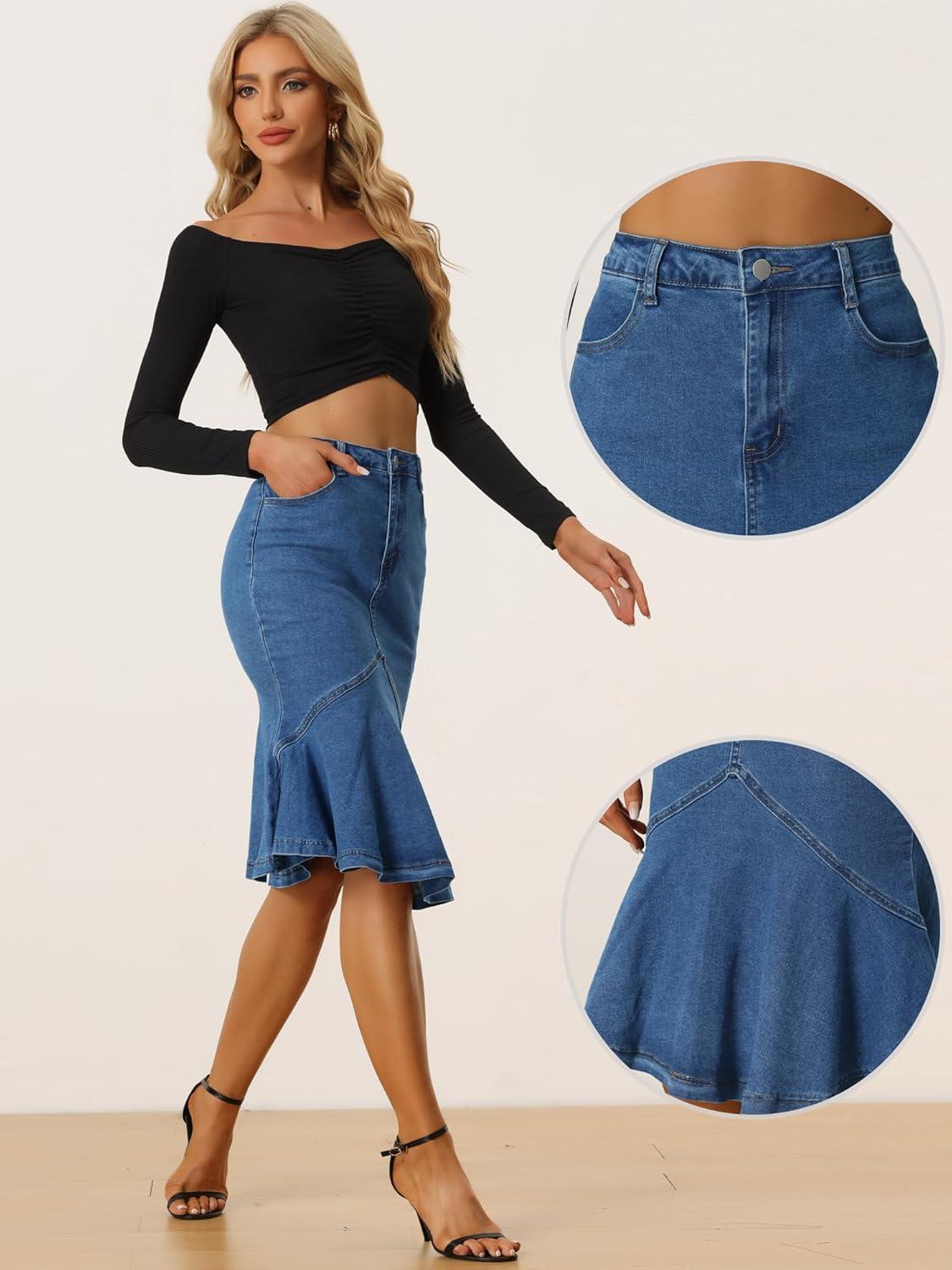imageAllegra K Denim Jean Skirt for Womens High Waist Bodycon Ruffles Fishtail SkirtsDark Blue