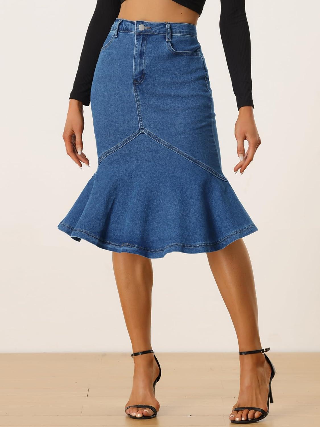 imageAllegra K Denim Jean Skirt for Womens High Waist Bodycon Ruffles Fishtail SkirtsDark Blue