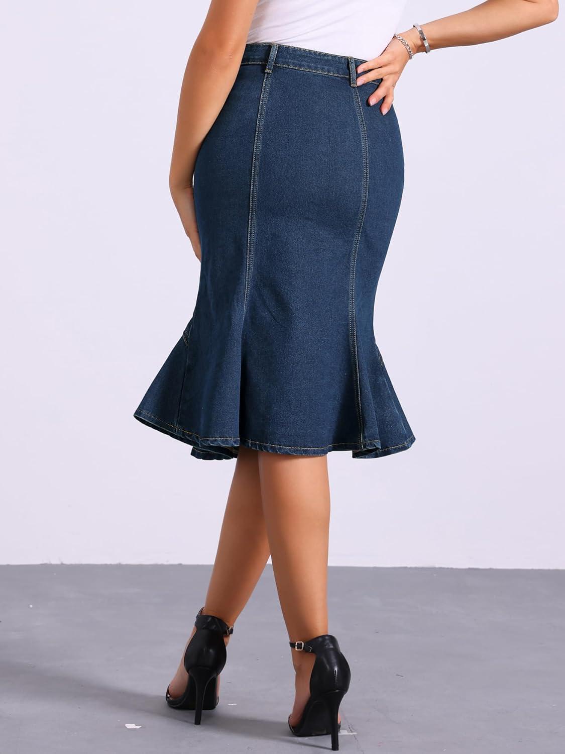 imageAllegra K Denim Jean Skirt for Womens High Waist Bodycon Ruffles Fishtail SkirtsDeep Blue
