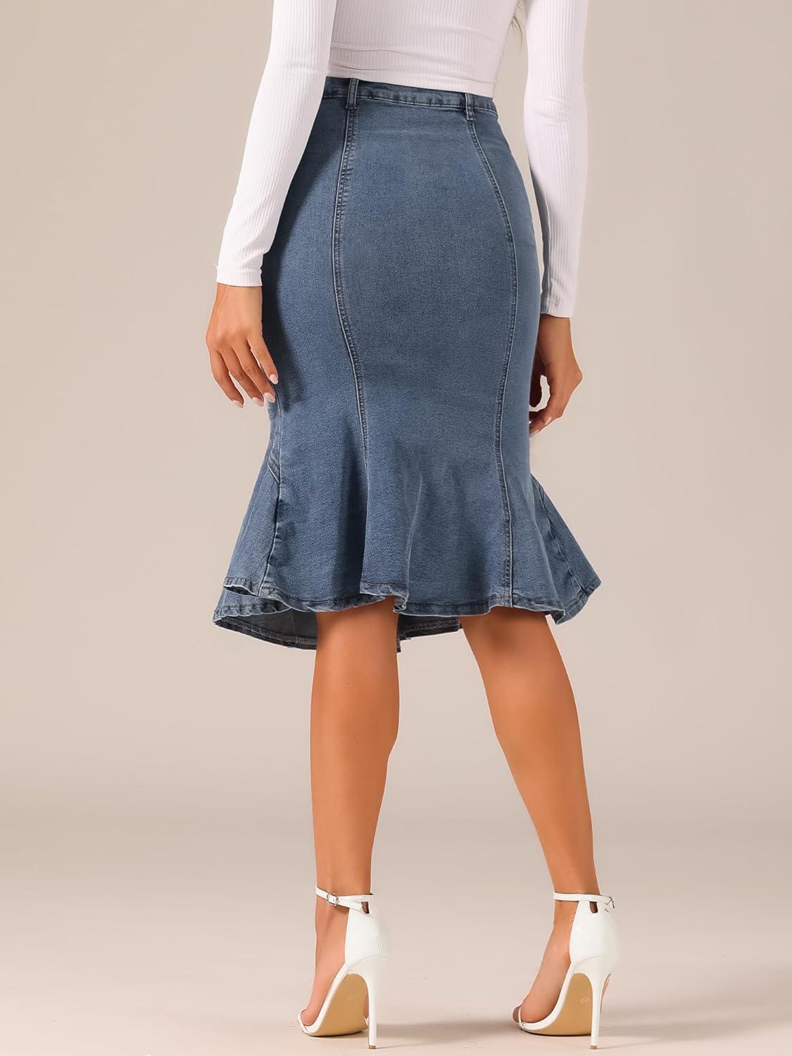 imageAllegra K Denim Jean Skirt for Womens High Waist Bodycon Ruffles Fishtail SkirtsGrey Blue