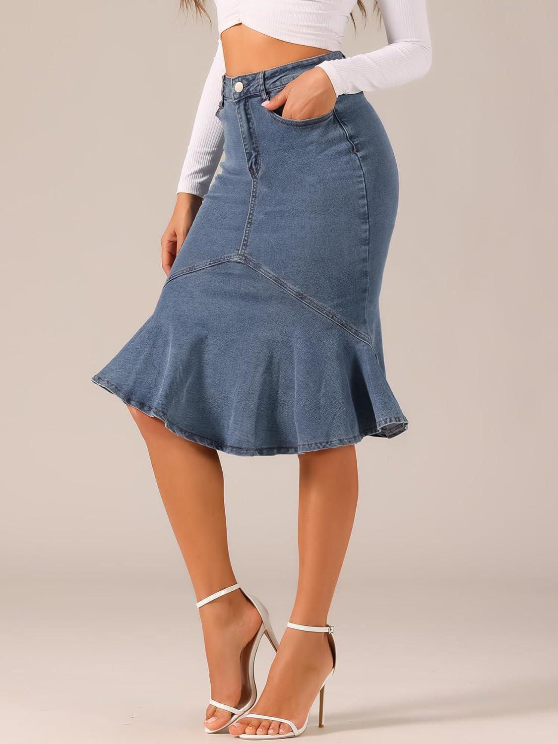 imageAllegra K Denim Jean Skirt for Womens High Waist Bodycon Ruffles Fishtail SkirtsGrey Blue