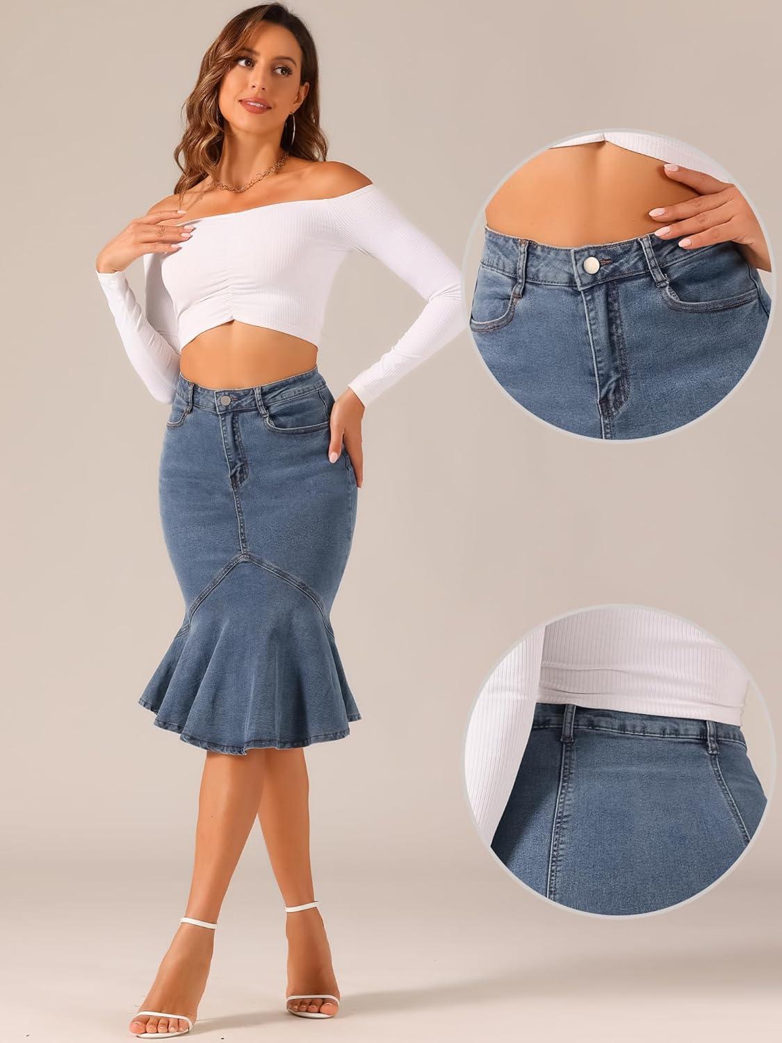 imageAllegra K Denim Jean Skirt for Womens High Waist Bodycon Ruffles Fishtail SkirtsGrey Blue