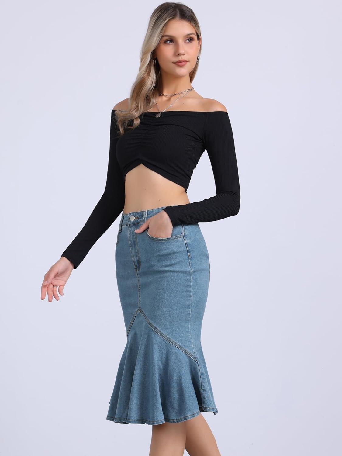 imageAllegra K Denim Jean Skirt for Womens High Waist Bodycon Ruffles Fishtail SkirtsLight Blue