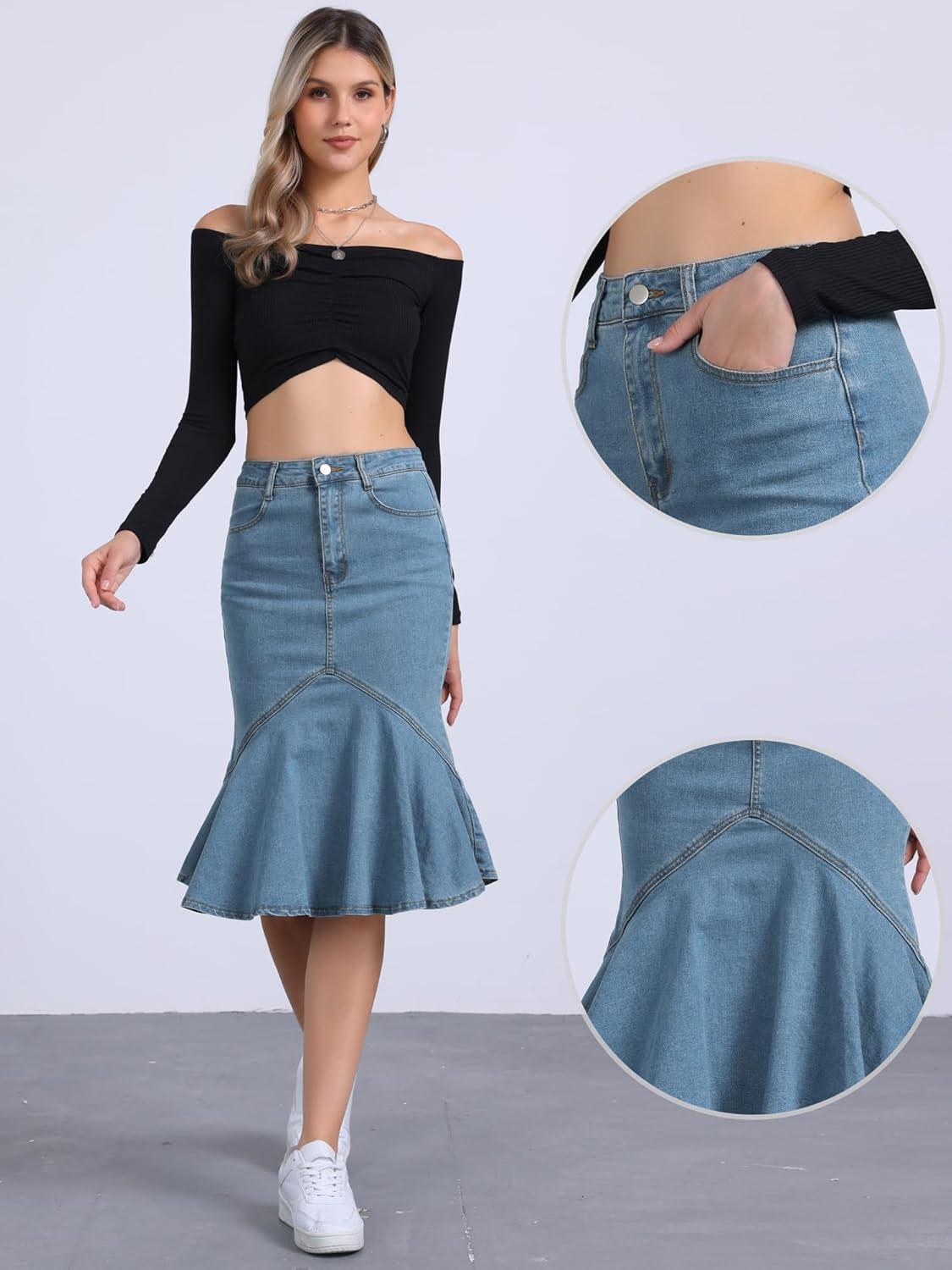 imageAllegra K Denim Jean Skirt for Womens High Waist Bodycon Ruffles Fishtail SkirtsLight Blue
