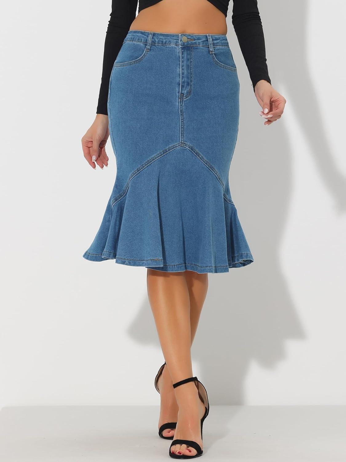 imageAllegra K Denim Jean Skirt for Womens High Waist Bodycon Ruffles Fishtail SkirtsSky Blue