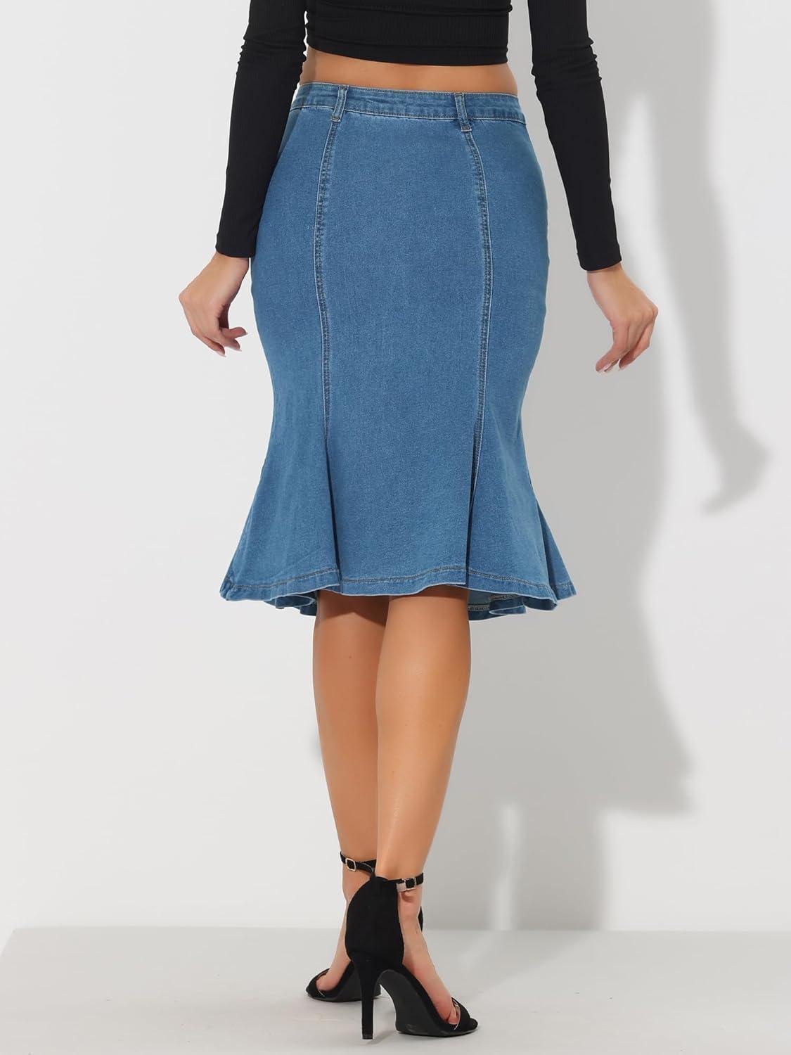 imageAllegra K Denim Jean Skirt for Womens High Waist Bodycon Ruffles Fishtail SkirtsSky Blue