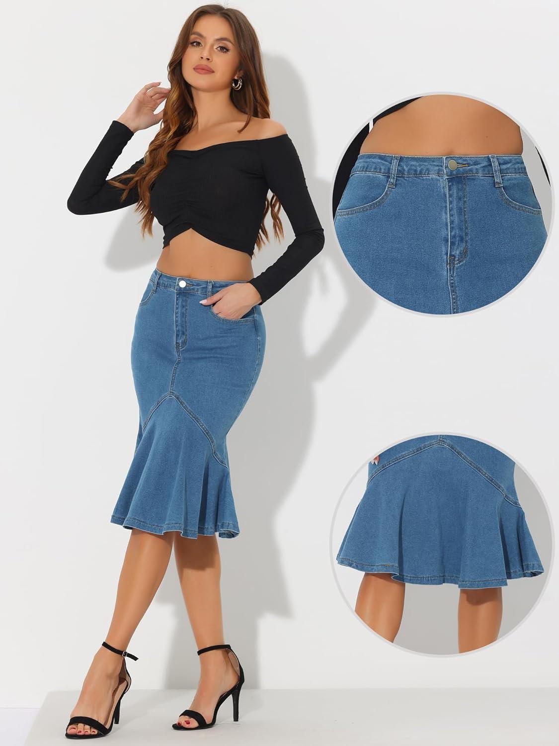 imageAllegra K Denim Jean Skirt for Womens High Waist Bodycon Ruffles Fishtail SkirtsSky Blue