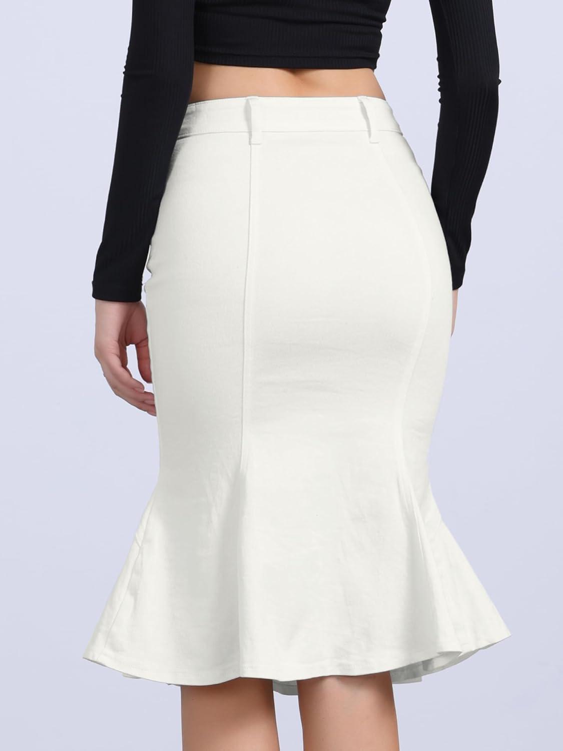 imageAllegra K Denim Jean Skirt for Womens High Waist Bodycon Ruffles Fishtail SkirtsWhite