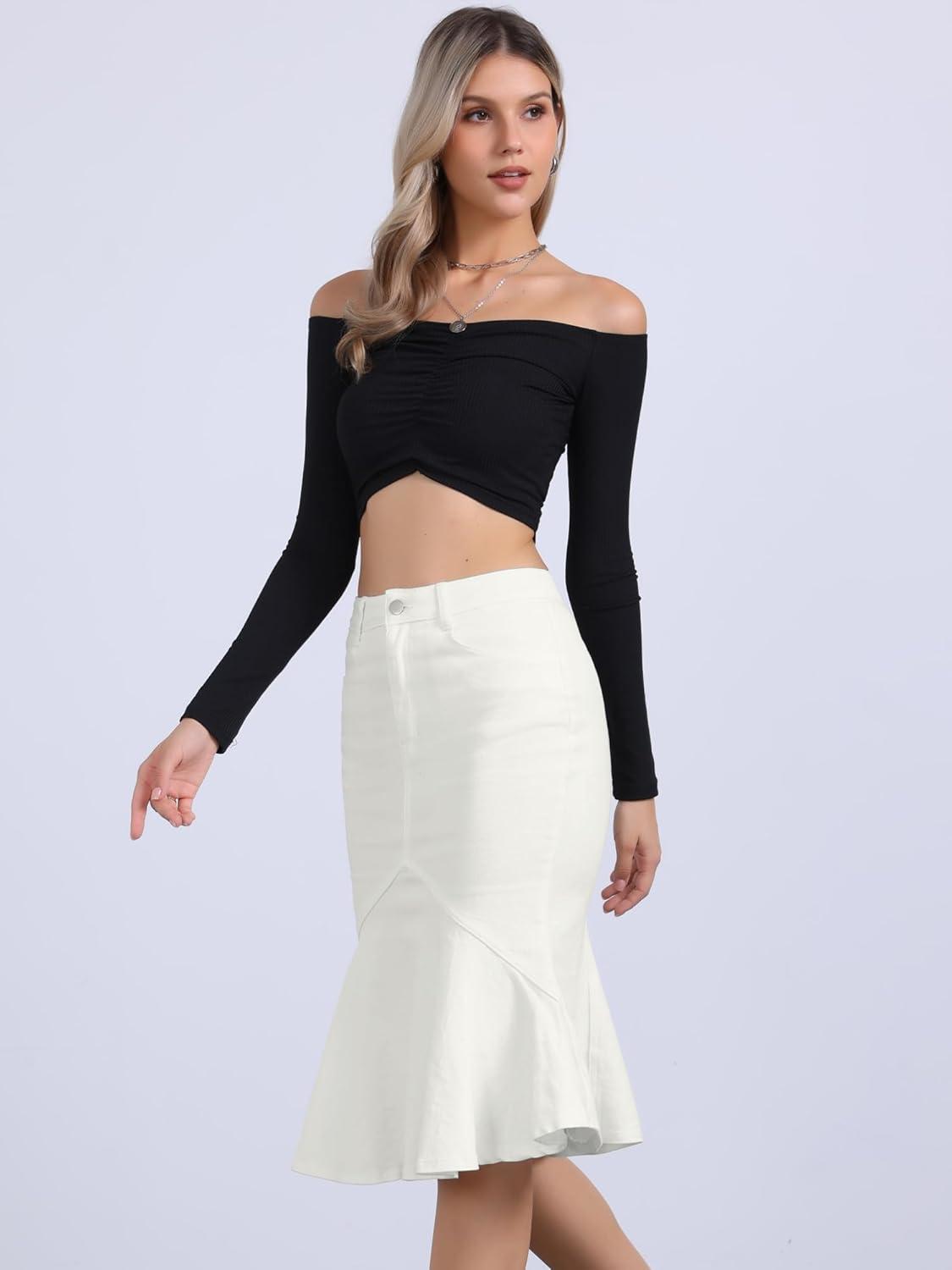 imageAllegra K Denim Jean Skirt for Womens High Waist Bodycon Ruffles Fishtail SkirtsWhite