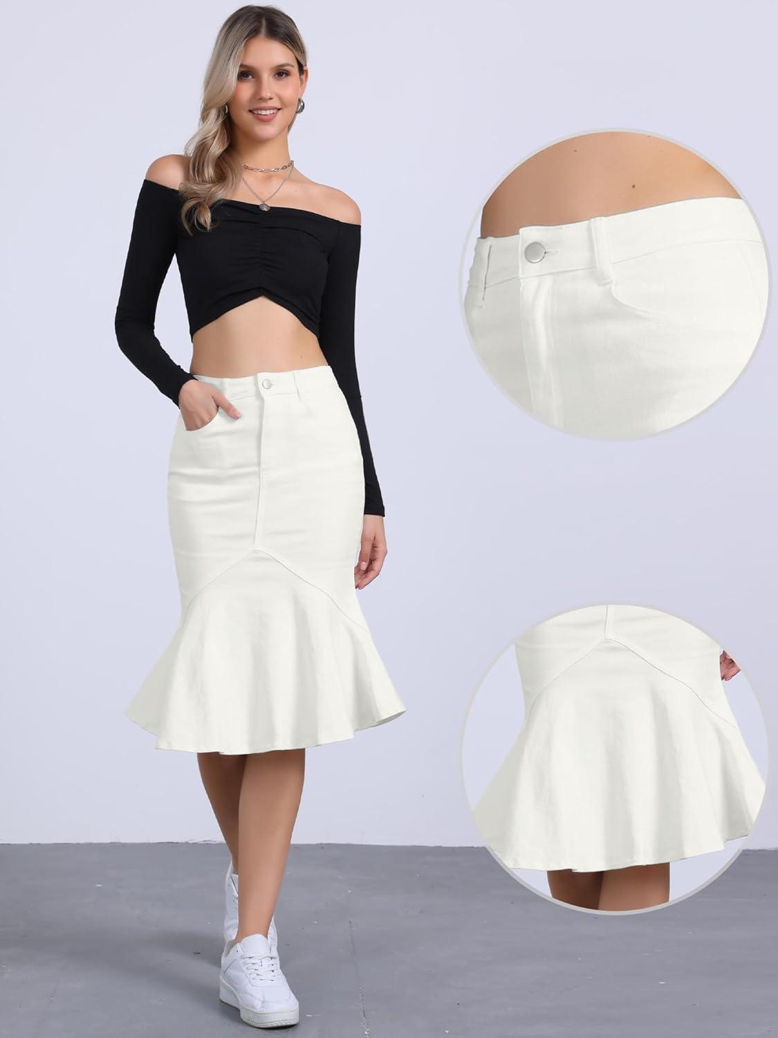 imageAllegra K Denim Jean Skirt for Womens High Waist Bodycon Ruffles Fishtail SkirtsWhite