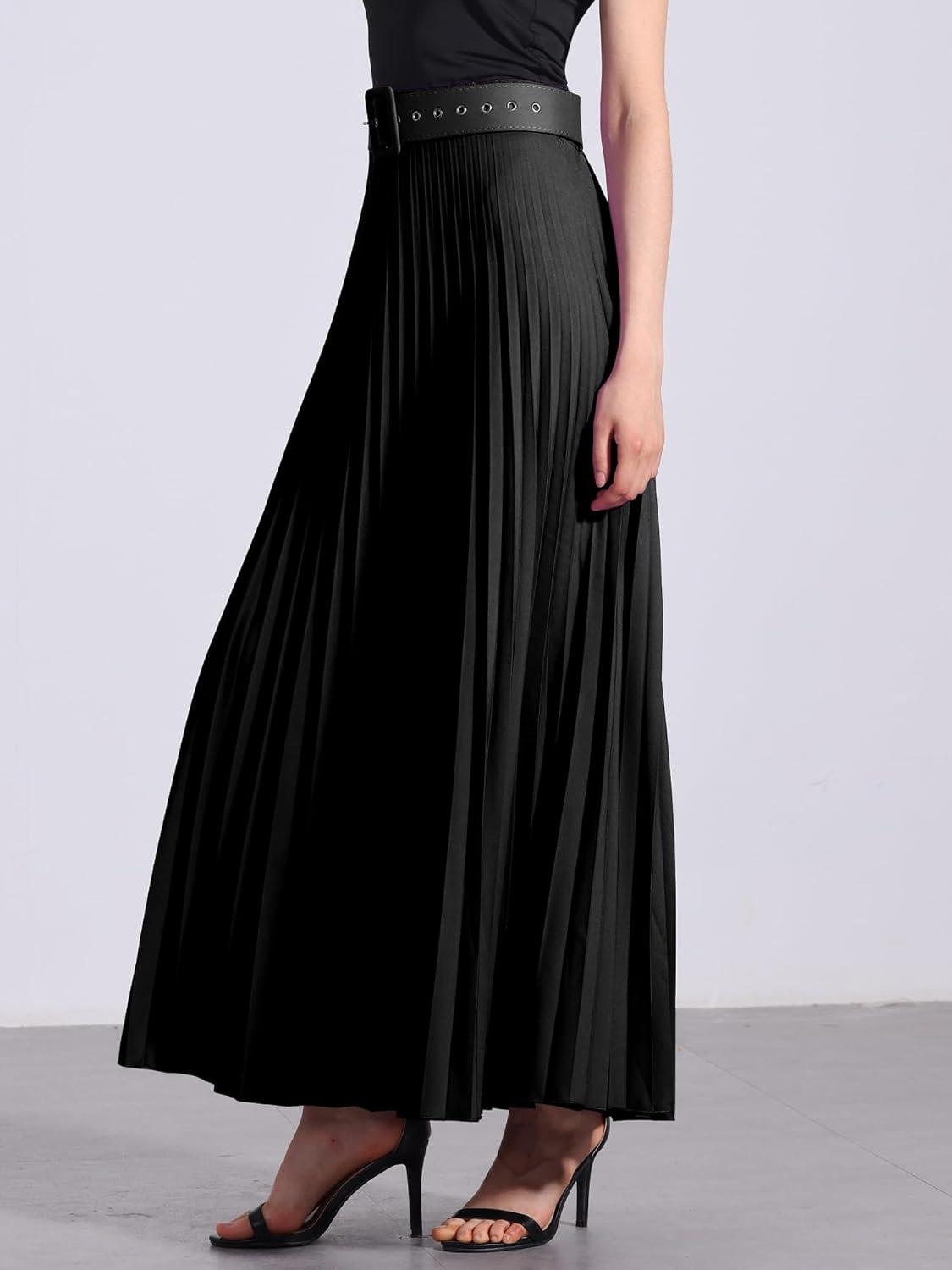 imageAllegra K Long Pleated Skirt for Womens Elastic High Waist with Belt Swing Aline Work Maxi SkirtBlack